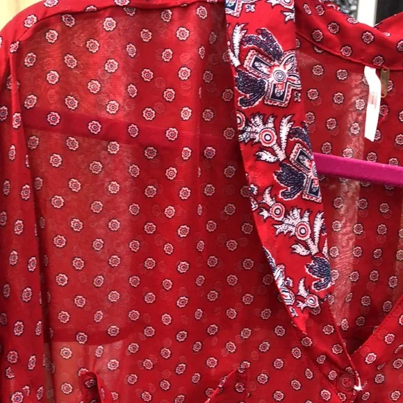 {$13 BUNDLED} FREE PEOPLE Red Blue White Sheer Long Sleeve Top - Picture 2 of 6